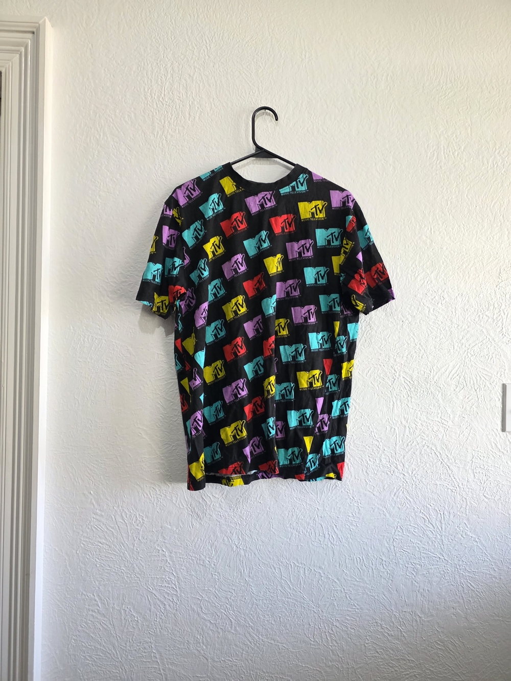 Retro MTV Throwback Black Tee with Multicolor Logo Tiles